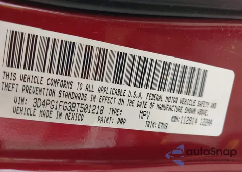 2011 Dodge Journey Mainstreet из США, поврежденный, VIN 3D4PG1FG3BT501218